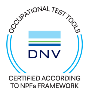 A circular logo with the text 'OCCUPATIONAL TEST TOOLS' at the top and 'CERTIFIED ACCORDING TO NPFs FRAMEWORK' at the bottom. In the center, there is a stylized design with blue, green, and black lines, along with the letters 'DNV' in dark blue.