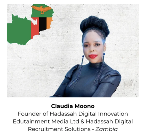 Claudia Moono Portrait A professional headshot of Claudia Moono, founder of Hadassah Digital Innovation, with the Zambian flag in the background.