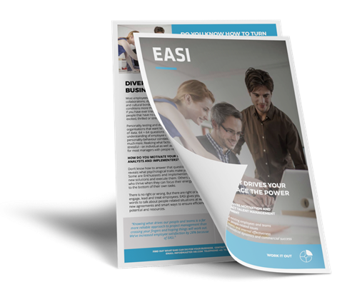 A professional EASI product brochure featuring a business teamwork theme, with a cover image of three colleagues collaborating at a laptop.