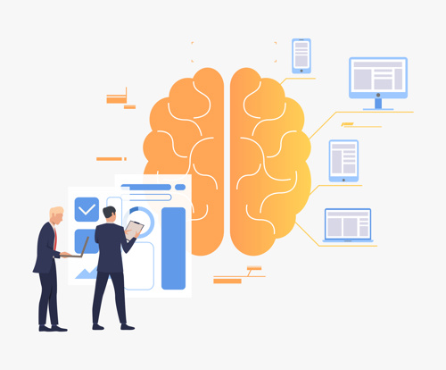 Illustration of two business professionals analyzing digital data with a brain at the center, symbolizing AI-driven psychometric assessments and data-driven decision-making.