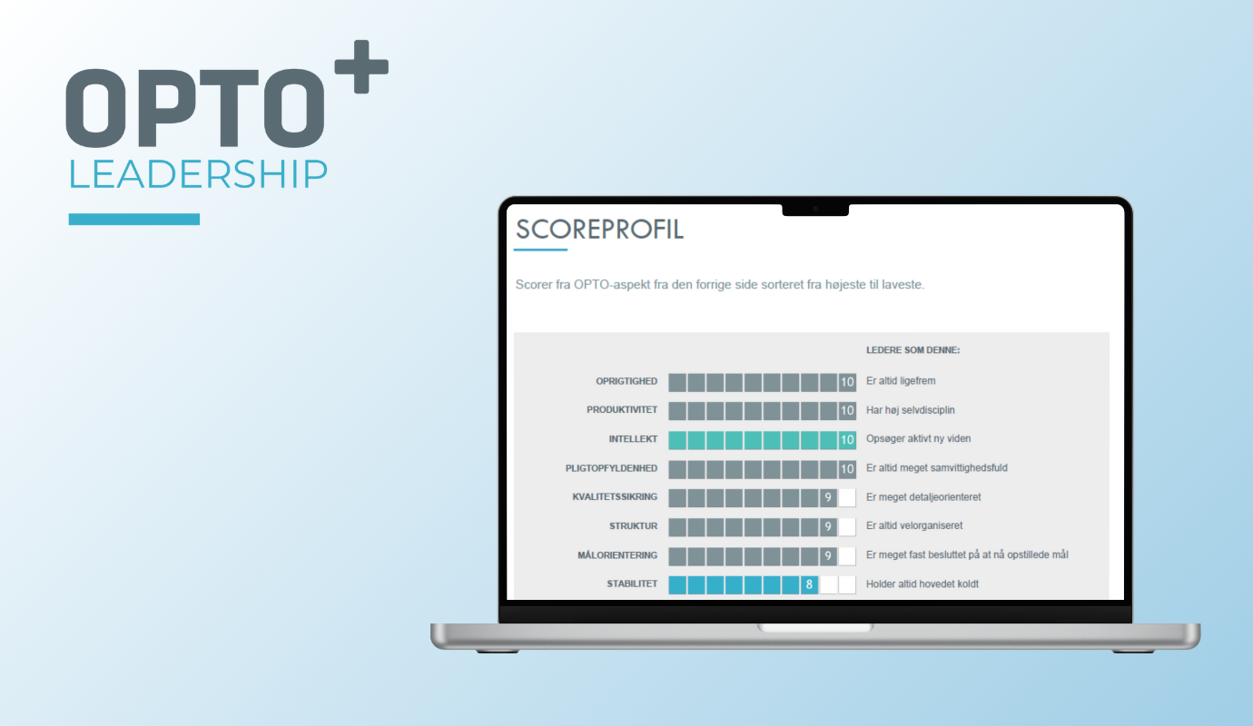 A laptop screen displays a leadership assessment score profile with various traits ranked numerically. The "OPTO+ LEADERSHIP" logo is positioned in the top left corner, and the background is a gradient blue.