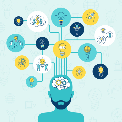 Illustration of a human head with interconnected icons representing ideas, cognitive processes, and innovation, symbolizing psychometrics, intelligence, and creative thinking.