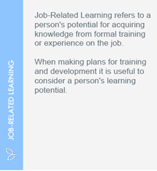 A rectangular card with a light blue sidebar labeled 'JOB-RELATED LEARNING,' featuring an icon of a leaf. The text explains that job-related learning refers to a person's potential to acquire knowledge through formal training or job experience and highlights its importance for training and development planning.