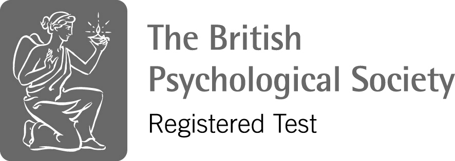 A grey logo of 'The British Psychological Society Registered Test,' featuring a stylized figure holding a light or flame, representing knowledge and psychology.