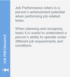 A rectangular card with a light blue sidebar labeled 'JOB PERFORMANCE,' featuring an icon of a bar chart. The text describes job performance as an individual's ability to meet role expectations and contribute effectively to workplace outcomes.