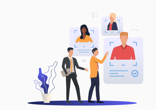 Illustration of two professionals analyzing candidate profiles with digital selection interfaces, symbolizing AI-driven recruitment and talent assessment.